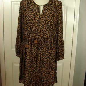 Time & Tru Leopard Flowing Sheer Dress Long Sleeve Warm Browns Rust Blacks Med